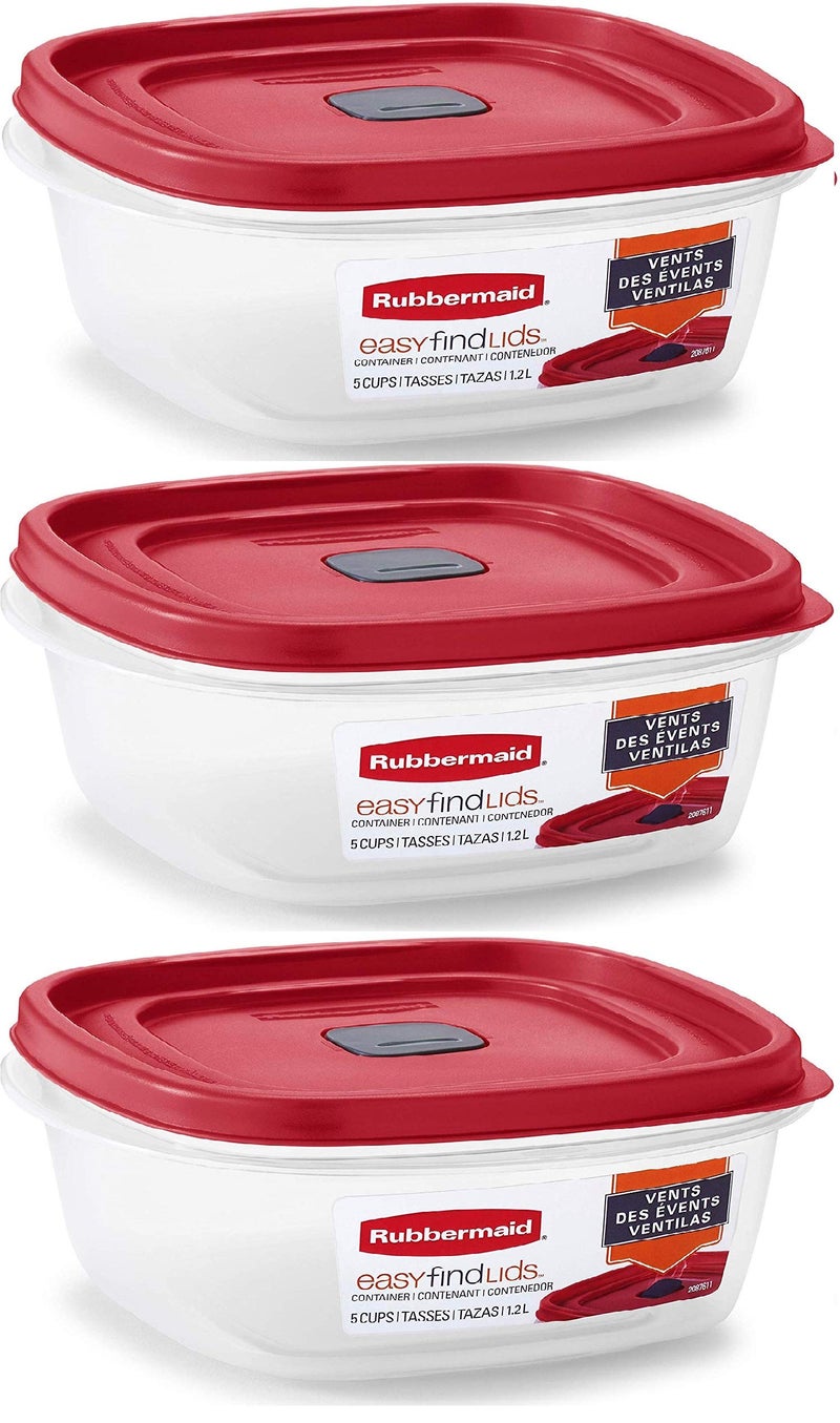 Rubbermaid Easy Find Lid Square 5-Cup Food Storage Container (Pack of 3), Red (Vented) - Image 1